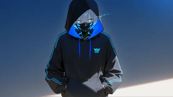 masterpiece、 One、 Wrapped in purple darkness、 Bright Blue Glowing Eyes、 blue light is emitted from the eyes、 black hoodie、 put your hands in pockets、