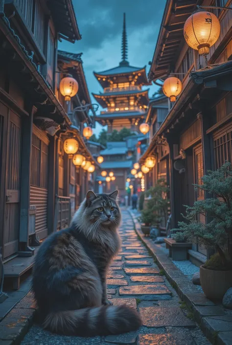 a majestic long-haired cat sitting in the foreground of a narrow Kyoto alley, with the Yasaka Pagoda rising in the background, traditional wooden townhouses lining the sides, evening glow with paper lanterns, ukiyo-e style, stylized flat colors, minimal sh...