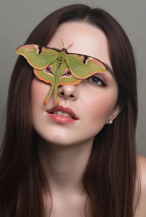 a realistic painting of a beautiful pink and green Chinese moon moth resting on a woman's face covering her nose and mouth. she has crystal blue eyes and long dark hair.