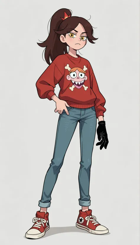 (Star Vs The Forces of Evil Style), 1Girl, Fem Marco Díaz, Gender Bender, Standing, full body photo:1.5, simple light gray background, brown complexion, yellow eyes, red sweatshirt, straight denim jeans, Red and white sneakers, brown hair, long hair, high ...