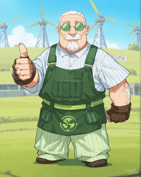 masterpiece, best quality, ultra-detailed, best illustration, solo, solarpunk city, score_9 , score_8_up , score_8 , score_7_up score_6_up score_5_up score_4_up, solo, 1 boy, old man, dwarf, taro sakamoto, sakamoto, green round glasses, large nose, moustac...