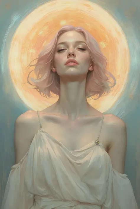 A hyper-realistic, Highly detailed portrait of a woman,Skin tone like snow ,肩长的品红色头发soft波浪. She wears an asymmetrical white blouse,with flowing wrinkles and shoulder straps adorning a single jewel. Her face tilts slightly upward, Eyes closed,A serene smile...