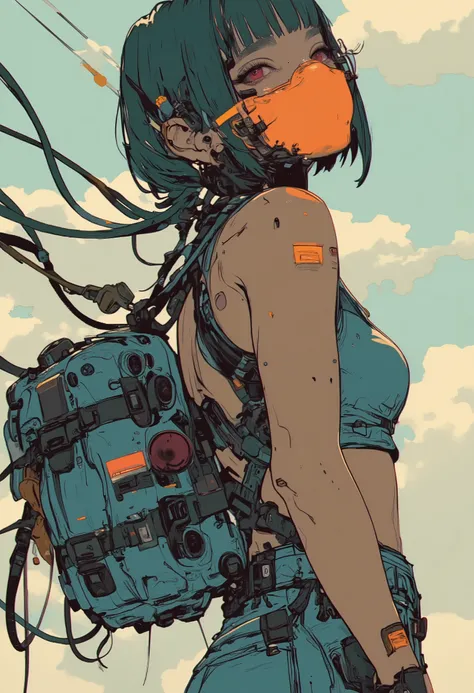 
S1n0z1ck style, tanlines, tan, A backpack full of luggage、 denim micro pants 、mini tank top,film style, anime
