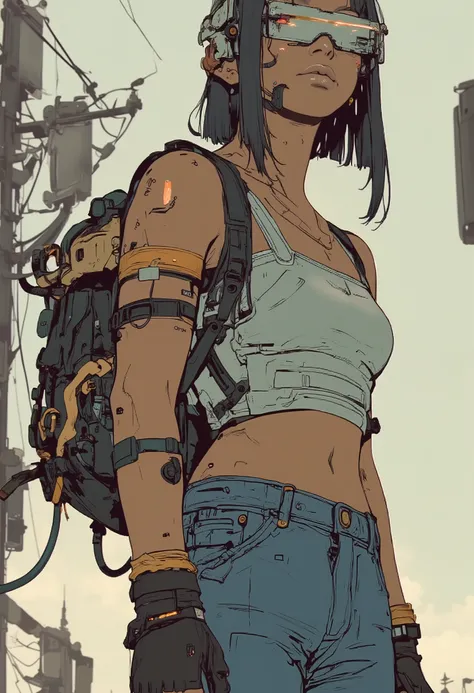 
S1n0z1ck style, tanlines, tan, A backpack full of luggage、 denim micro pants 、mini tank top,film style, anime