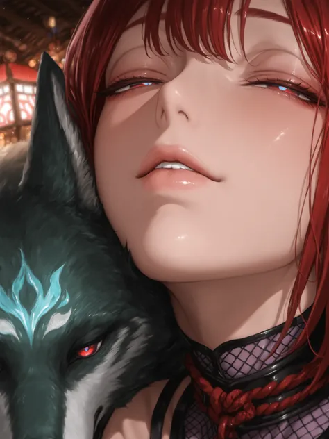 Combative Female Samurai, Crimson Chain Clogsを着ている,  purple fishnet tights , wooden clogsを足先に履いて, clear red eyesが魅力的な輝きを放つ, 緑色の狼を使役している, 高解像度のCombative Female Samurai, (half-closed eyes:1.3, empty red eyes:1.2, Blue pupils:1.4), 
Blurry Ancient City Backgr...