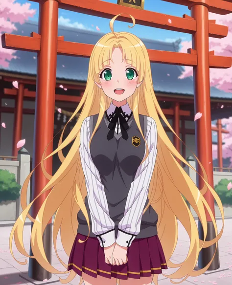 anime screencap, masterpiece, best quality,

1girl, solo, open mouth, light smile, blush, happy, upper teeth only,
very long hair, blonde hair, green eyes, parted bangs, blunt bangs, ahoge,
AsiaSchool, sweater vest, grey vest, striped shirt, white shirt, n...