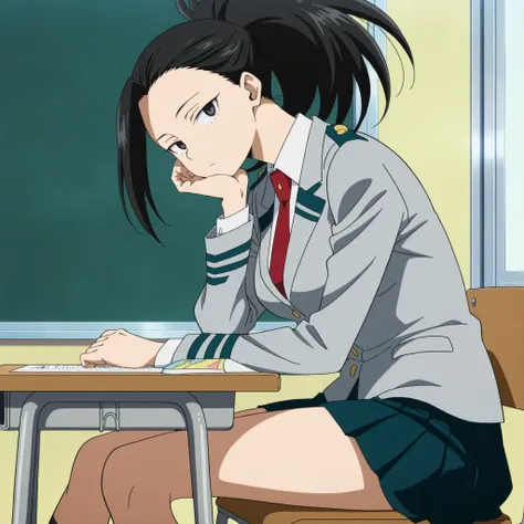 1girl, solo, m0y4, black hair, ponytail, black eyes, large breasts, classroom, sitting, u.a. school uniform, head rest, blazer, pleated skirt, red necktie, expressionless, looking at viewer, from side, anime screencap, anime coloring, masterpiece, best qua...