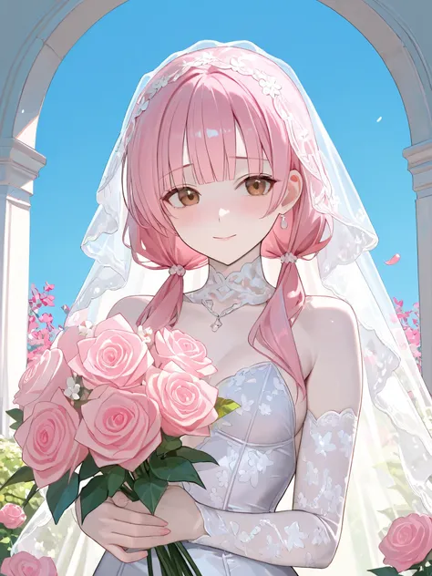 masterpiece, best quality, Detailed Eyes, 1 Women , Adult Female , white lace veil, shy, avoid one's eyes, blue sky, garden, petals, light article, waist shot, holding a flower bouquet , small breasts , Pink hair , brown eyes pale skin ,blunt bangs , l...
