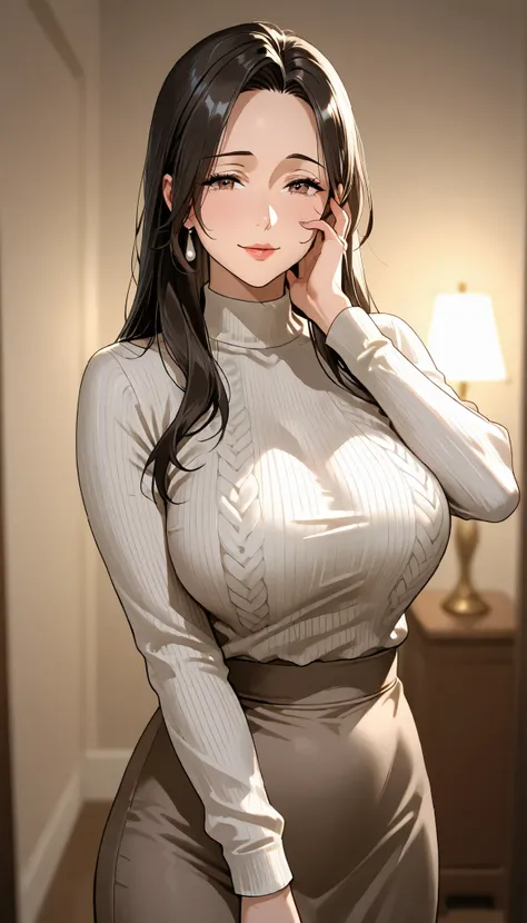 Mother, Mature Woman, mature woman, Perfectly finished, Perfect Lighting,dark haired、straight hair、low with your right hand in front of your face、sexy女性, high neck long sleeve white rib knit tee(loose)、long maxi skirt, sexy, has, 