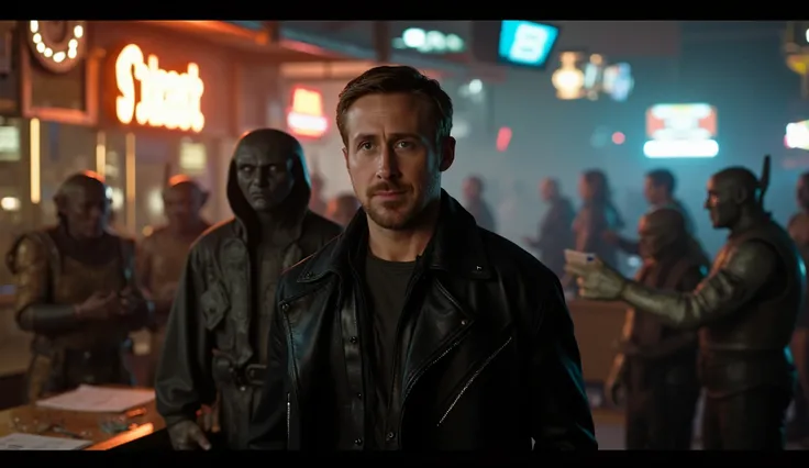 star wars, ryan_gosling at Alien cantina bustling with strange creatures and shadowy informants.