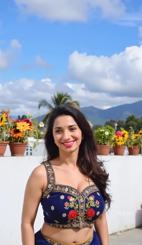 ultra high quality face, A joyful Indian woman dancing on a rooftop under a bright blue sky with clouds, wearing a traditional mustard blue lehenga with intricate embroidery. Her long black hair is styled with white red flowers, and she has a bright smile ...
