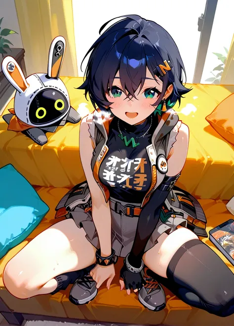 score_9, score_8_up, score_7_up, score_6_up,  1girl, (Lie on your back)、bedroom、from above、open legs、Excited face、Blush、desire、Great Khan、excessive breath、bedroom、belle \(zenless zone zero\)、 single fingerless glove, black shirt, single thighhigh, earrings, hairclip, sneakers, layered skirt, single sock, sleeveless jacket, asymmetrical legwear, necklace, bracelet