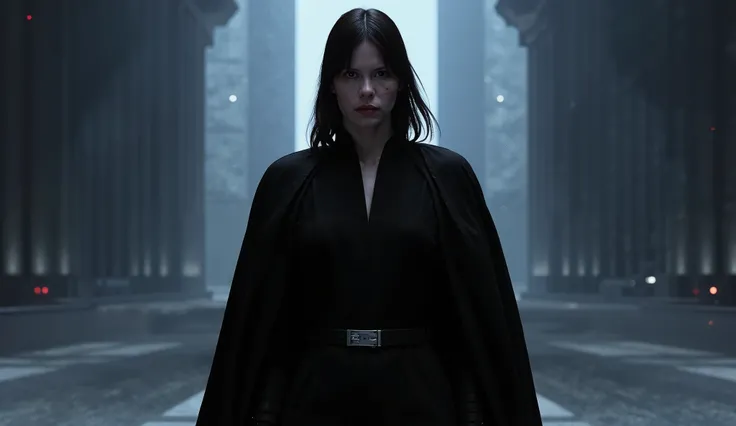 star wars,Mia Goth like villain with sharp features and dark robes gazing into space.
