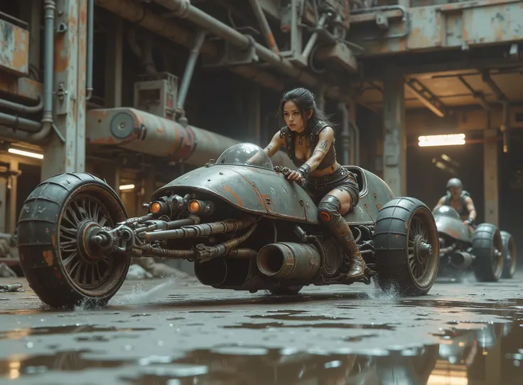 cinematographic photograph using the rule of thirds and composition on planes Photo a 3/4 full body shot counterposed at ground level,  soft light, unmarked contrasts, a retro-futuristic flying motorcycle (Speeder bike) Flying ( bike) inspired by motorcycl...