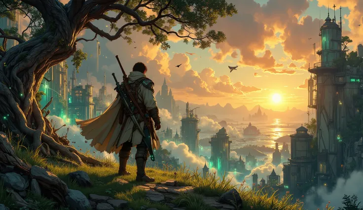 A lone hero stands tall at the edge of a grassy cliff, overlooking a vast and otherworldly fantasy realm bathed in the golden glow of a setting twin sun. The hero wears a weathered cloak fluttering in the breeze, armor etched with mysterious runes, and a g...