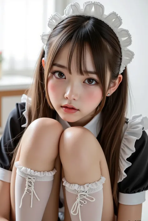 One person、Maid、sitting、Frill Socks、from below、Ashikiri、embarrassed、bicycle shorts、puffy lips、toeless legwear beside piano、cross lace legwear、masterpiece、Best Quality、