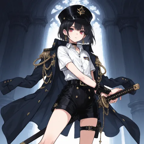 ((Best Quality)), ((masterpieces)), (detailed), Perfect Face, SOLO, ((femboy)), tomgirl, ANIME, beautiful detailed eyes, BOB hair, BOBed hair, black hair, RED EYES, BARE thighs, (((BARE LEG))), ((BLACK short pants)), (((dress shirt))), ((Flat chest)), Chok...