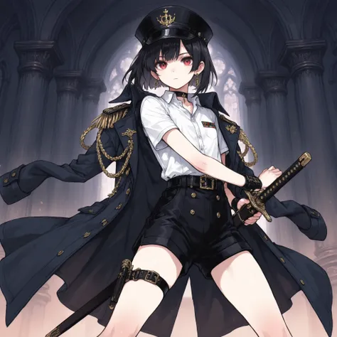 ((Best Quality)), ((masterpieces)), (detailed), Perfect Face, SOLO, ((femboy)), tomgirl, ANIME, beautiful detailed eyes, BOB hair, BOBed hair, black hair, RED EYES, BARE thighs, (((BARE LEG))), ((BLACK short pants)), (((dress shirt))), ((Flat chest)), Chok...