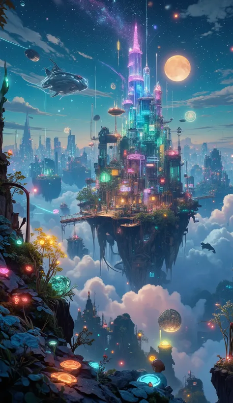 Floating above the endless sea of clouds，Floating Glowing crystal flowers and islands，Clearly visible super detail texture，Connected by a crystal bridge，Future biotech cities and luminous plants merge，rainbow，Super fine garden，Sharp bioluminescent plants，F...