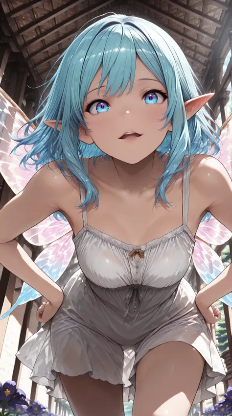 cinematic, (masterpiece), (best quality), (ultra-detailed), very aesthetic, illustration, realistic illustration, perfect composition, intricate details, absurdres, detailed face, (anime, masterpiece, intricate:1.3), (best quality, hires textures, high detail:1.2), (4k),(incredibly detailed:1.4),detailed eyes, iris,realistic shadow,,1girl,fairy ,Translucent winged fairy,
Fairy Wings,game cg,Leaning forward with your hips lowered,highly transparent hair,flying in the air ,(Glowing Contours),waterlight,game cg,A look of shame,Grinning,open mouth ,(from fish-eye :1.2),below,random angle ,in a dynamic motion