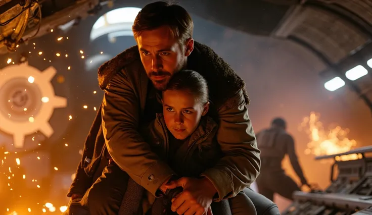 star wars, ryan_gosling's pilot shielding a younger character during a plasma storm crash.
