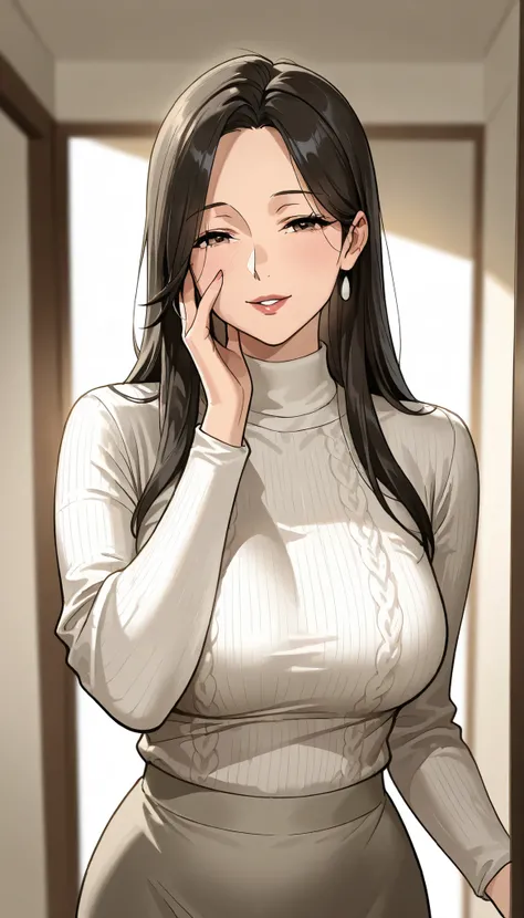 Mother, Mature Woman, mature woman, Perfectly finished, Perfect Lighting,dark haired、straight hair、low with your right hand in front of your face、sexy女性, high neck long sleeve white rib knit tee(loose)、long maxi skirt, sexy, has, 