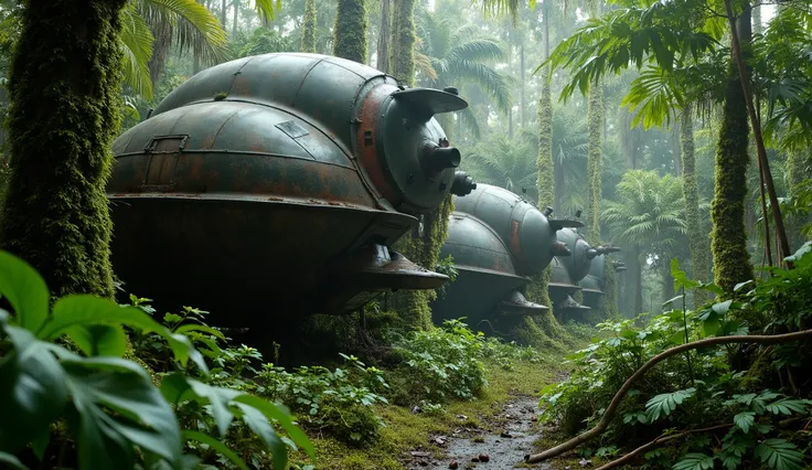 star wars,Wreckage of old First Order tech hidden in a jungle.
