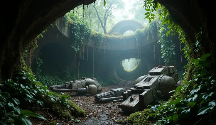star wars,Wreckage of old First Order tech hidden in a jungle,a dark and moody scene,highly detailed,cinematic lighting,lush overgrown jungle environment,gritty and worn First Order equipment,scattered debris and broken machines,beam of light piercing thro...