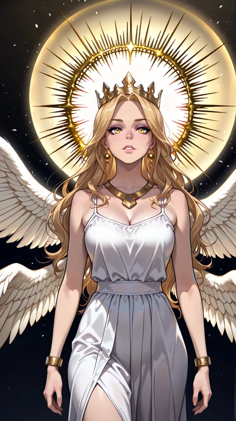 Create an anime-style female character with long flowing blonde hair and prominent golden eyes. She has a calm yet fierce expression, with her lips slightly parted. She is adorned in a white silk slit dress, gold necklace, gold bracelet. on her back are ma...