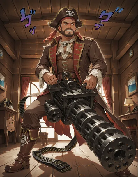 masterpiece, absurdres, highres, newest, solo, solo focus, 1boy, mature man, random male space pirate, facial hair, (long sleeves, pirate costume, pirate hat, pirate boots), space backdrop, attacking, on a pirate ship cabin, v-shaped eyebrows, (c-m134, fir...