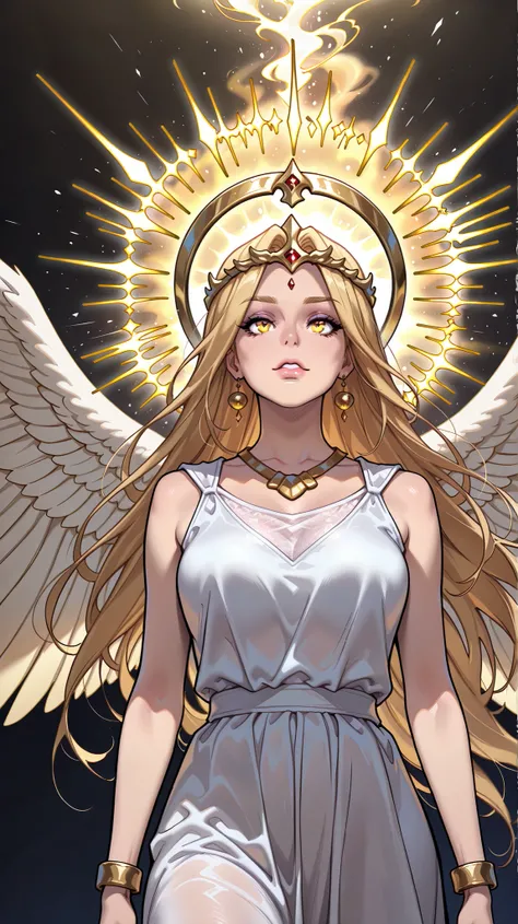 Create an anime-style female character with long flowing blonde hair and prominent golden eyes. She has a calm yet fierce expression, with her lips slightly parted. She is adorned in a white silk slit dress, gold necklace, gold bracelet. on her back are ma...
