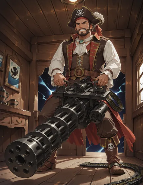masterpiece, absurdres, highres, newest, solo, solo focus, 1boy, mature man, random male space pirate, facial hair, (long sleeves, pirate costume, pirate hat, pirate boots), space backdrop, attacking, on a pirate ship cabin, v-shaped eyebrows, (c-m134, fir...