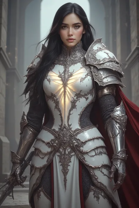 A majestic and muscular female knight standing tall at 180cm, with a statuesque, athletic build and commanding presence — wearing radiant pearl-white full plate armor with elegant silver filigree and subtle iridescent sheen, her long dark hair flowing beh...
