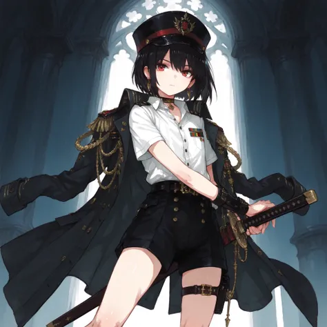 ((Best Quality)), ((masterpieces)), (detailed), Perfect Face, SOLO, ((femboy)), tomgirl, ANIME, beautiful detailed eyes, BOB hair, BOBed hair, black hair, RED EYES, BARE thighs, (((BARE LEG))), ((BLACK short pants)), (((dress shirt))), ((Flat chest)), Chok...