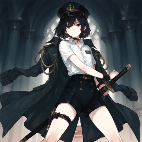 ((Best Quality)), ((masterpieces)), (detailed), Perfect Face, SOLO, ((femboy)), tomgirl, ANIME, beautiful detailed eyes, BOB hair, BOBed hair, black hair, RED EYES, BARE thighs, (((BARE LEG))), ((BLACK short pants)), (((dress shirt))), ((Flat chest)), Chok...