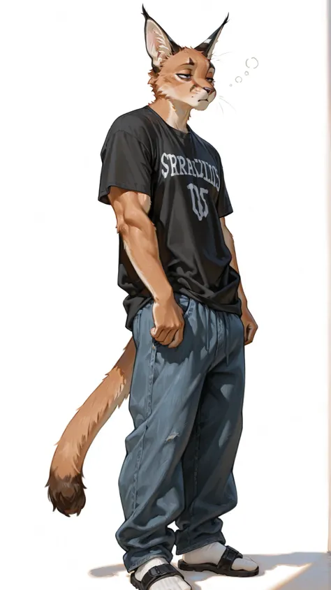 masterpiece, best quality, amazing quality, very aesthetic, high resolution, ultra-detailed, absurdres, newest, male, caracal, long ears, black eyes, bored, tired, eye bags, fluffy tail, full body, white background, BREAK, photorealistic details, volumetri...