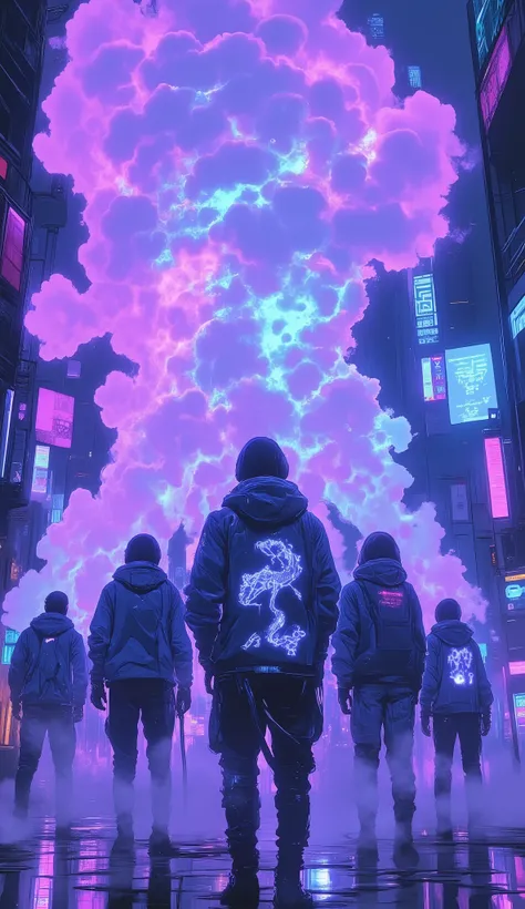 Anime-style cyberpunk scene of a group called "CloudChasers" vaping in a futuristic neon-lit city. Each character has unique techwear outfits with glowing circuit patterns, high-collared jackets, visors or augmented reality glasses, and robotic limbs. They...