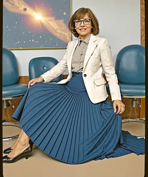  In an interstellar office adorned with vintage charm, a demure, mature therapist, dressed in a crisp uniform jacket and a blouse, reveals her alluring feminine grace. Her long, pleated skirt sweeps dramatically across the metallic floor, each fold a testa...