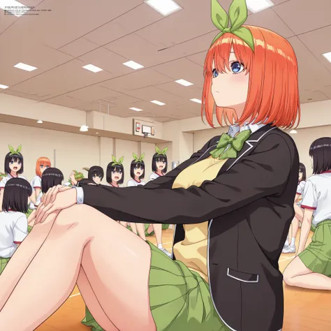 1girl,unwellness depressed y0tsuba, large breasts, orange hair, blue eyes, short hair, hair between eyes green bow hairband, black blazer, open blazer, yellow sweater vest, white collared shirt, bowtie, plaid bowtie, green skirt, pleated skirt,y0tsuba, ora...
