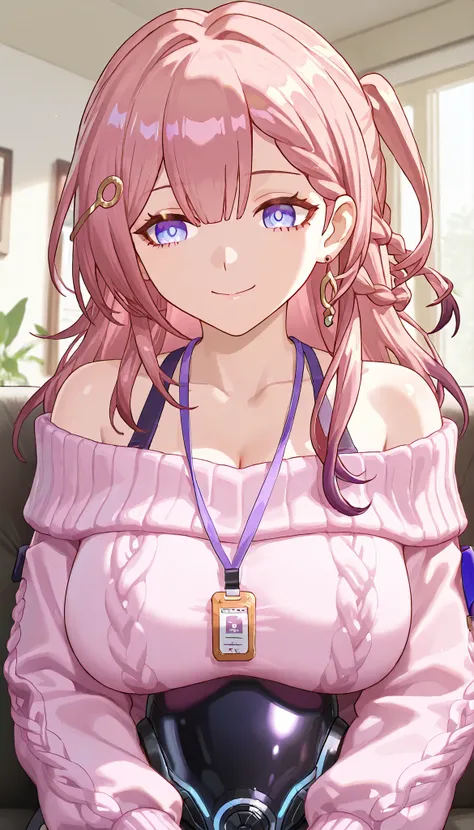 asta,HONKAI STAR RAIL,1girl,  Female Teacher, Mature Woman, long hair, shiny hair, Radiant Skin ,A motherly smile , closed mouth, Big breasts, Disconnect, off-the-shoulder pink sweater with full chest visibility, upper body,  fingers in the mouth,sitting o...