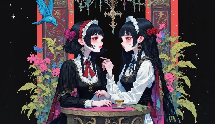 (masterpiece,Best Quality:1.2),Japanese paper painting \( Japanese paper painting ), 2 thin people talking , Staring at Each Other's Faces ,1 person \(black hair short, With her hair up ,Pale pink chest part,1 red rose-shaped hair accessory,open eyes,Kee...
