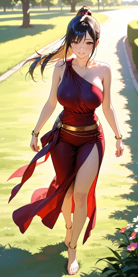 Masterpiece, newest, vibrant, very aesthetic, high contrast, beautiful girl, straight hair, high ponytail long hair, parted lips, smile, perfect body, big breast, saree, bracelet, anklet, bare foot, full body, walking, meadow, park, best quality, realistic...