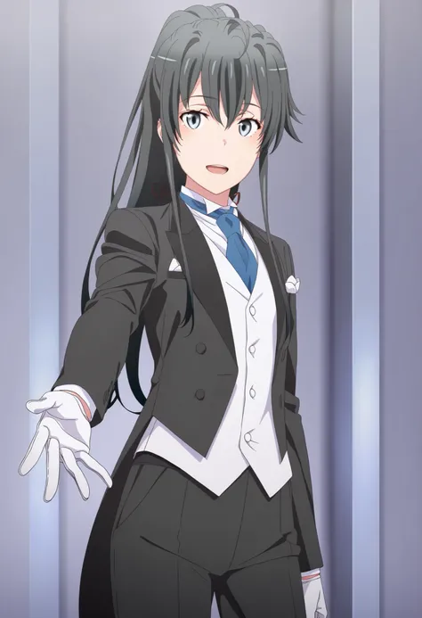 masterpiece, best quality, very detailed, , masterpiece, best quality, eyelashes, (Beautiful Eyes), cowboy shot, anime, Official Illustration, 1girl, solo, yukinoshita yukino, blue eyes, black hair, long hair, ponytail, tuxedo tailcoat, butler, blue neck...