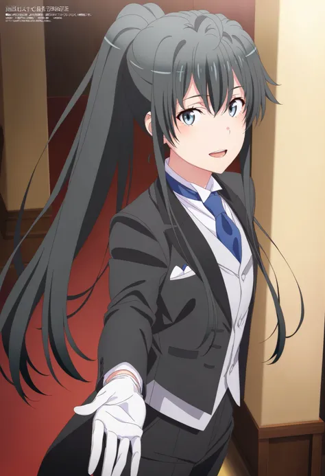 masterpiece, best quality, very detailed, , masterpiece, best quality, eyelashes, (Beautiful Eyes), cowboy shot, anime, Official Illustration, 1girl, solo, yukinoshita yukino, blue eyes, black hair, long hair, ponytail, tuxedo tailcoat, butler, blue neck...