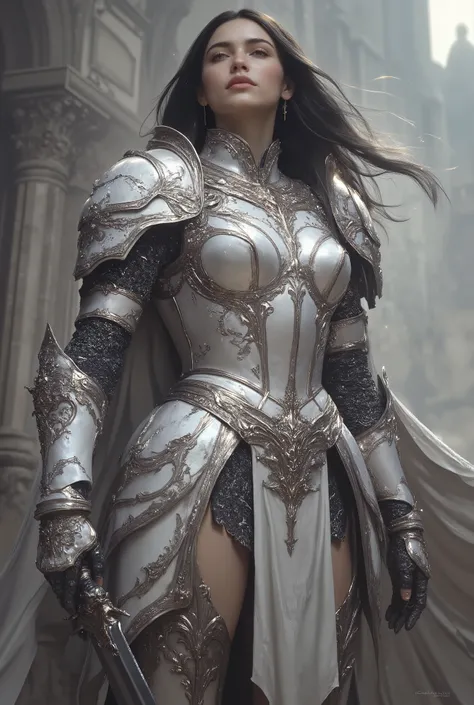 A majestic and muscular female knight standing tall at 180cm, with a statuesque, athletic build and commanding presence — wearing radiant pearl-white full plate armor with elegant silver filigree and subtle iridescent sheen, her long dark hair flowing beh...