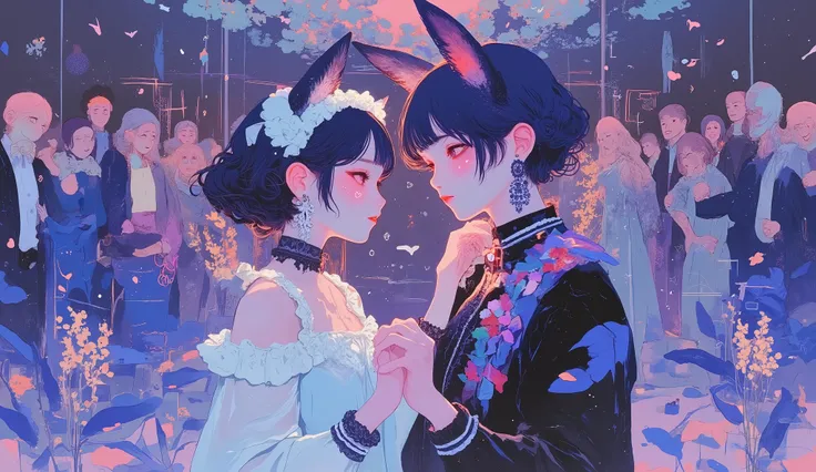(masterpiece,top quality:1.2),Japanese paper painting \( Japanese paper painting ),2 thin girls are dancing, Staring at Each Other's Faces ,1 person \(black shorthair, With her hair up , white maid headband ,1 red rose-shaped hair accessory,Wearing a fox...