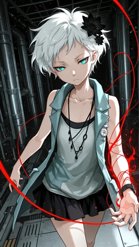 masterpiece, best quality, amazing quality,  BREAK  (by Hakika:0.65), (by Criis-Chan:0.3),(by dino \(dinoartforame\):0.9),   phiv, 1girl, white hair, short hair, black flower hair ornament, aqua eyes, flat chest,collarbone, black necklace, multiple necklac...