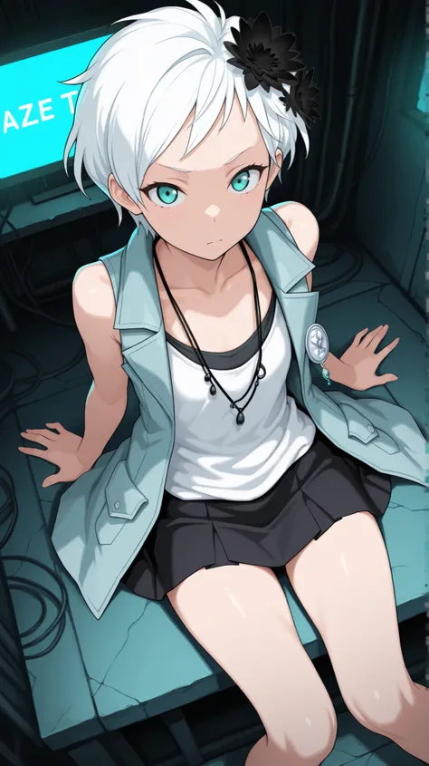 masterpiece, best quality, amazing quality, BREAK  phiv, 1girl, white hair, short hair, black flower hair ornament, aqua eyes, flat chest,collarbone, black necklace, multiple necklaces, light blue vest, bare shoulders, sleeveless, white badge, white shirt,...