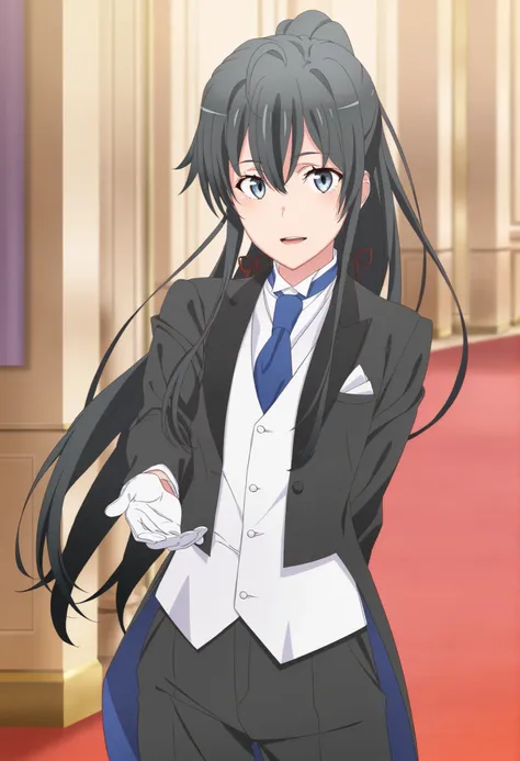masterpiece, best quality, very detailed, , masterpiece, best quality, eyelashes, (Beautiful Eyes), cowboy shot, anime, Official Illustration, 1girl, solo, yukinoshita yukino, blue eyes, black hair, long hair, ponytail, tuxedo tailcoat, butler, blue neck...