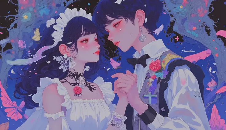 (masterpiece,top quality:1.2),Japanese paper painting \( Japanese paper painting ),2 thin girls are dancing, Staring at Each Other's Faces ,1 person \(black shorthair, With her hair up , white maid headband ,1 red rose-shaped hair accessory,Wearing a fox...